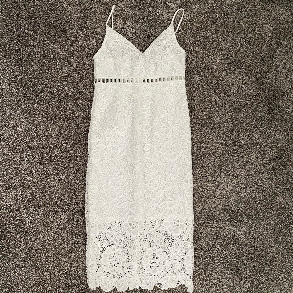 White lace overlay midi dress.